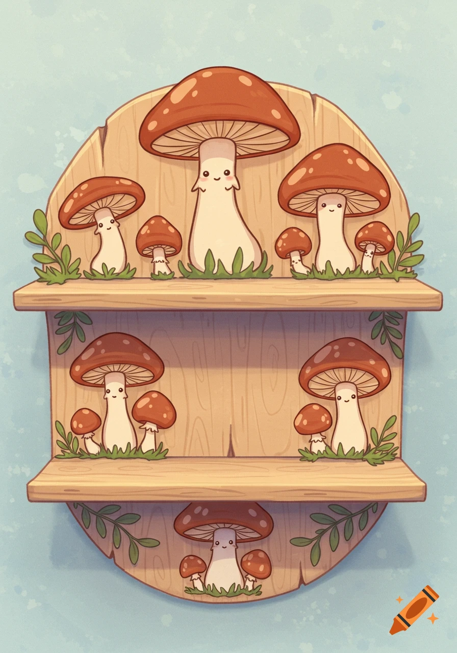 Cute illustrated mushrooms on a wooden shelf.