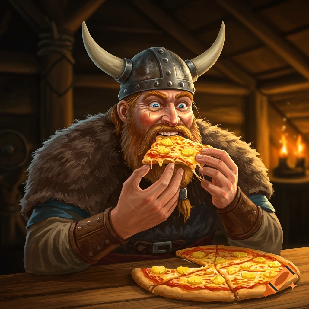 Illustration of a Viking enthusiastically eating a slice of pineapple pizza.