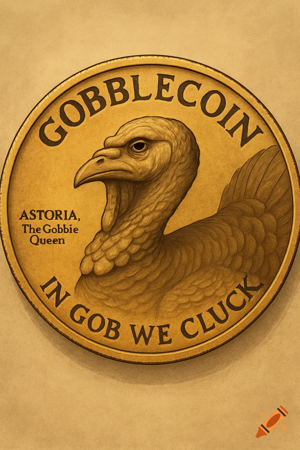 A gold coin with a turkey head and text "GOBBLECOIN" and "IN GOB WE CLUCK".