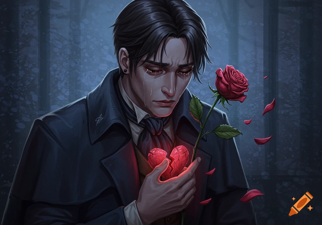A crying man in a trench coat holds a broken glowing heart and a red rose losing petals.