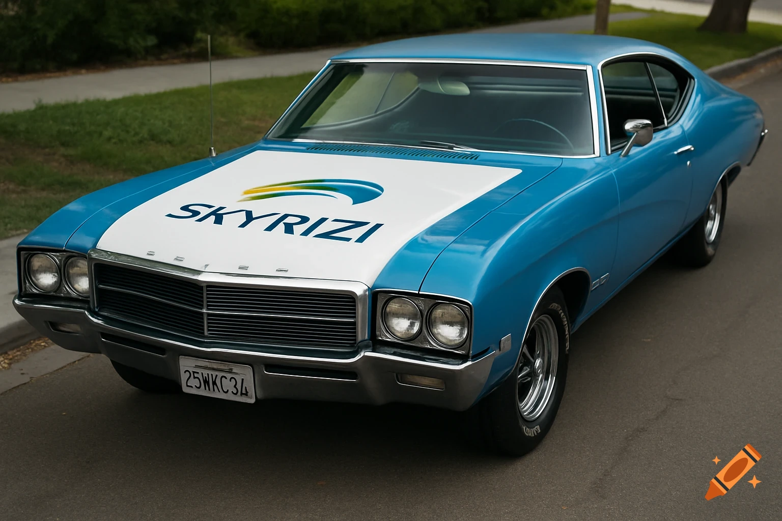 A blue classic car with a white hood decal that says SKYRIZI is parked on the side of a road.