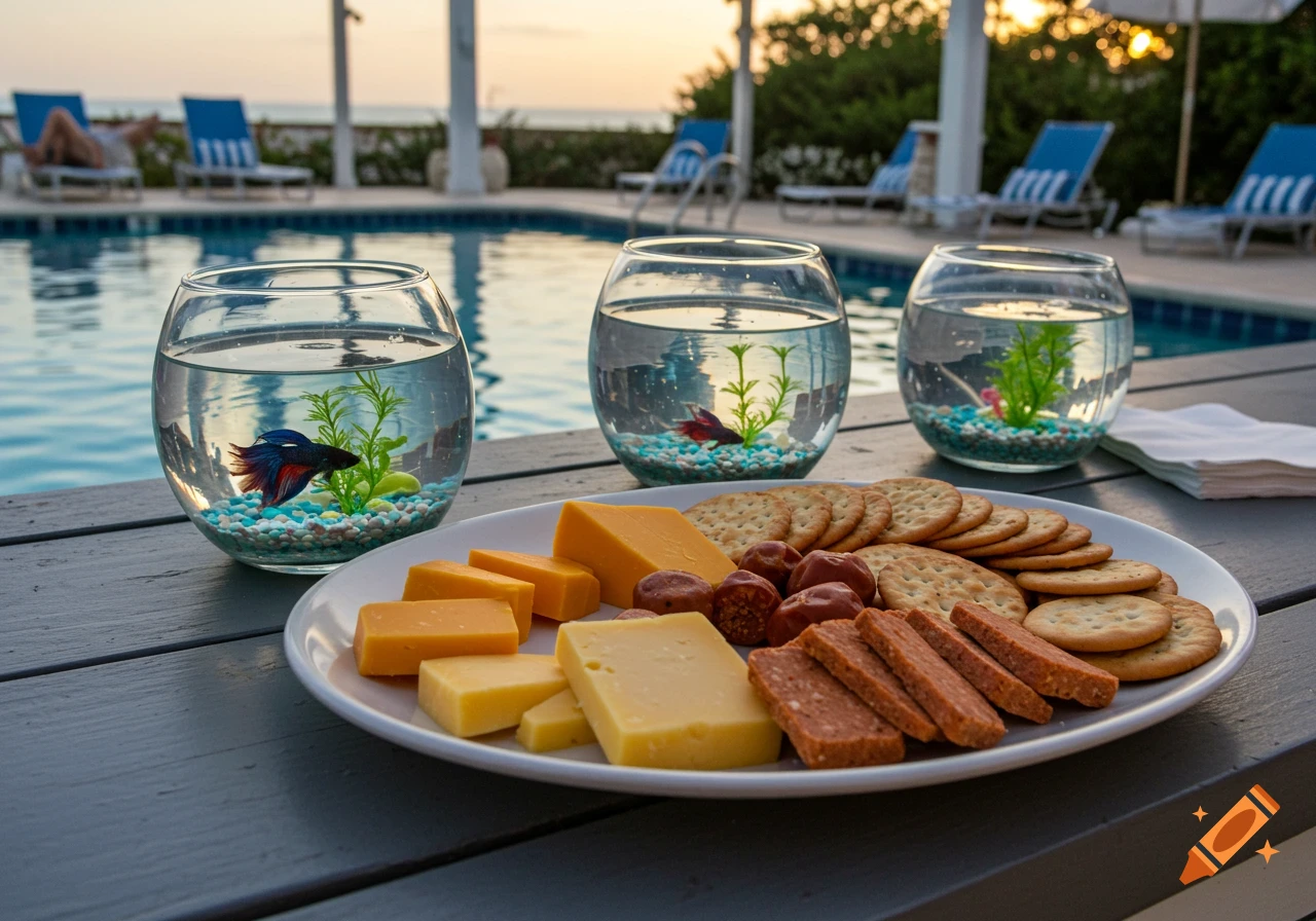 A plate of cheese, crackers, and meat sits on a table by a pool, next to three bowls with betta fish.