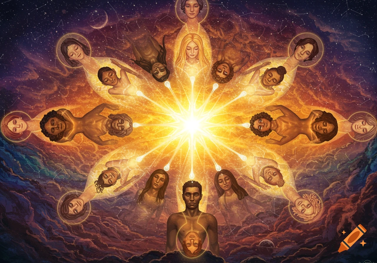 Diverse human figures radiate from a central light in a cosmic, spiritual illustration.