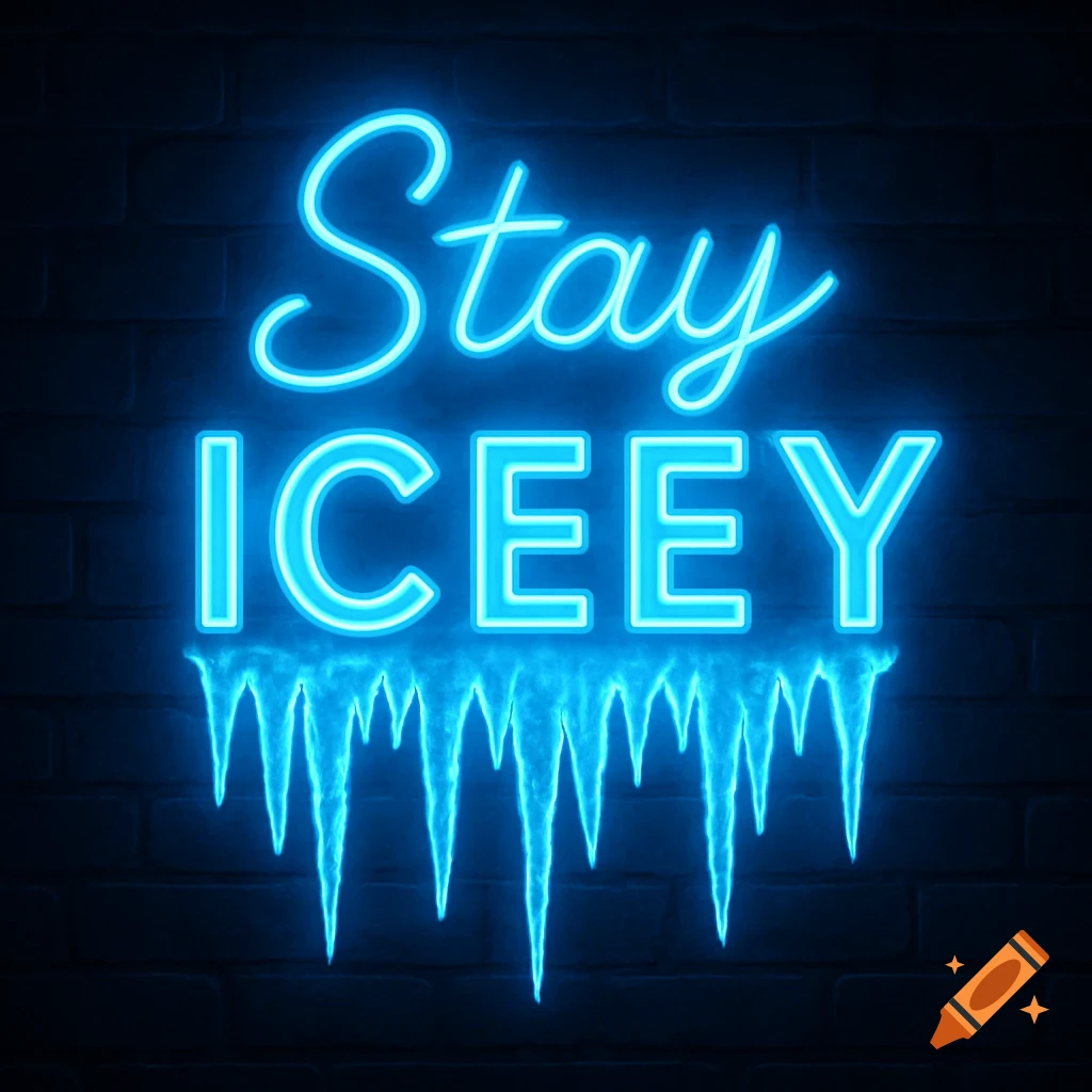 Blue neon sign on a dark brick wall spells out "Stay ICEEY" with glowing ice icicles below.