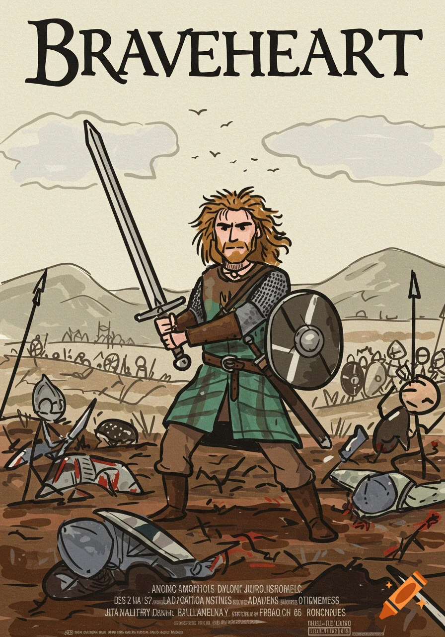 Cartoon illustration of a warrior with a sword on a battlefield, text says BRAVEHEART