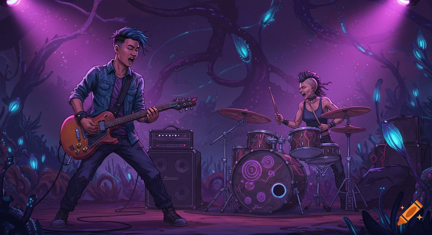 A stylized illustration of a rock band playing on a strange planet with glowing plants and purple lighting.