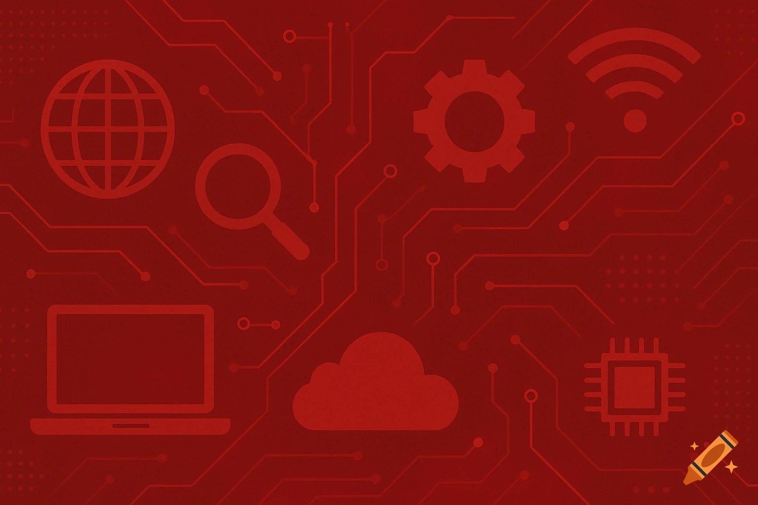 Red background with technology icons and circuit board pattern