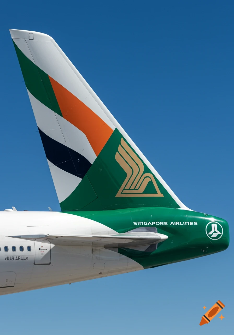 Close-up photo of an airplane tail with Singapore Airlines branding and a green, white, and orange patterned tail fin.