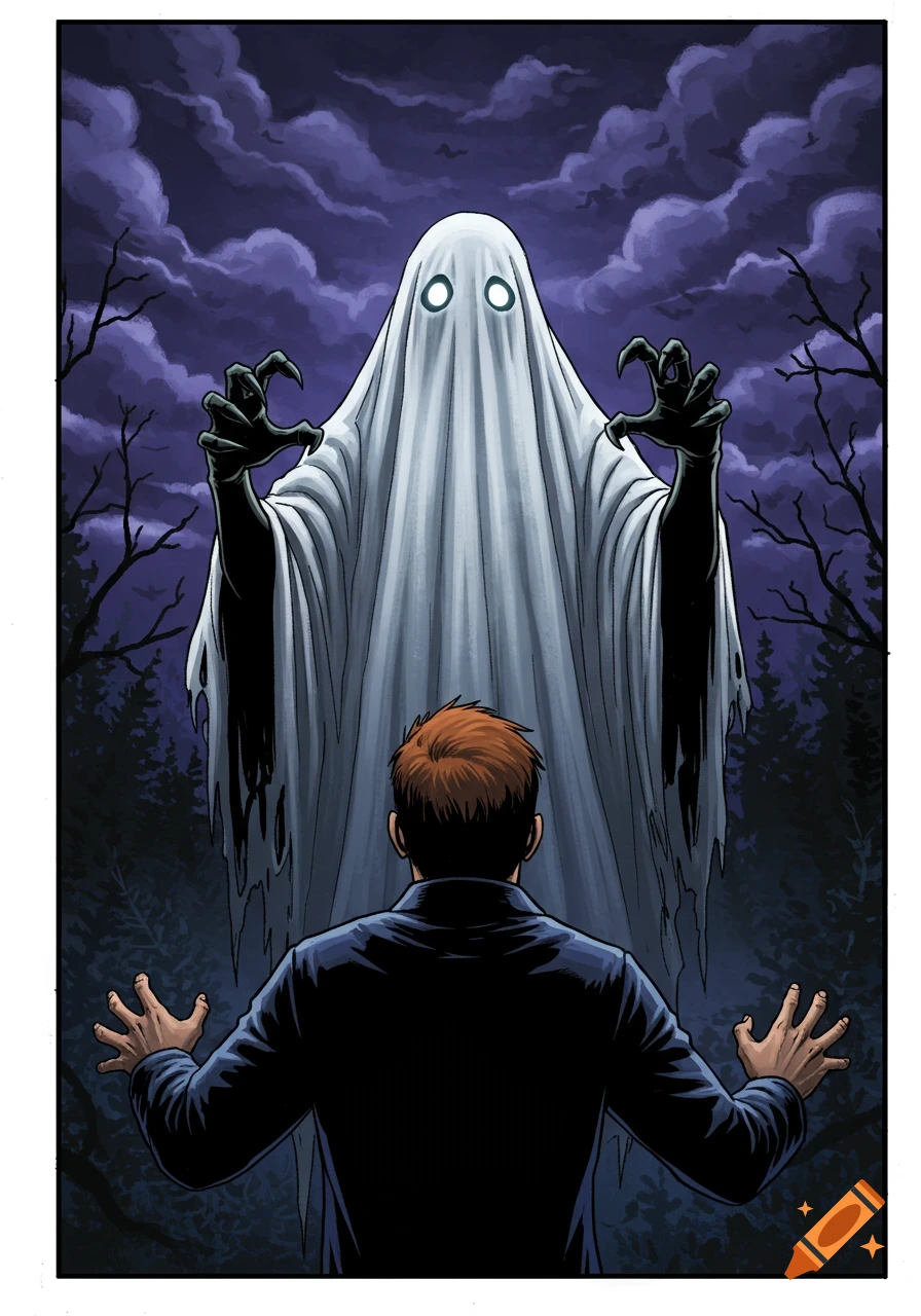 A man faces a towering spooky ghost with clawed hands in a dark forest.
