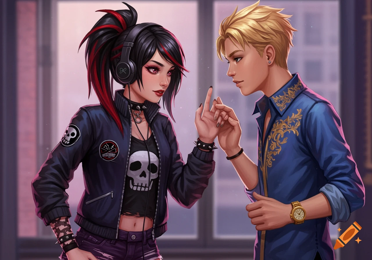 Illustration of a gothic-styled teenage girl with red-streaked hair and headphones talking to a blonde teenage boy in a blue shirt.