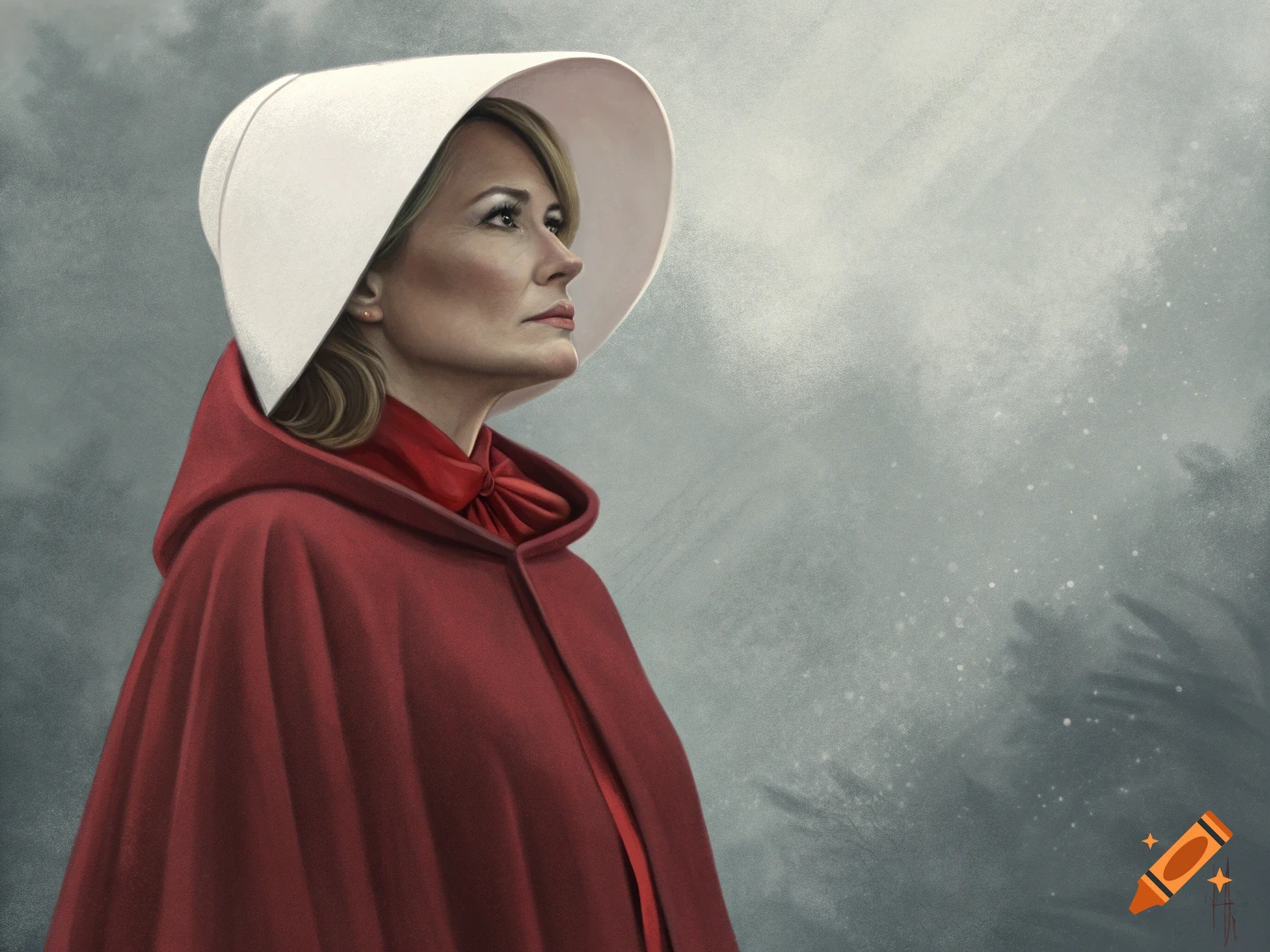 Digital painting of a woman in a white bonnet and red cape looking up