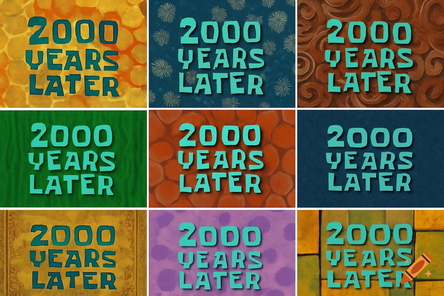 Nine panels showing '2000 YEARS LATER' text on various colorful cartoon backgrounds.