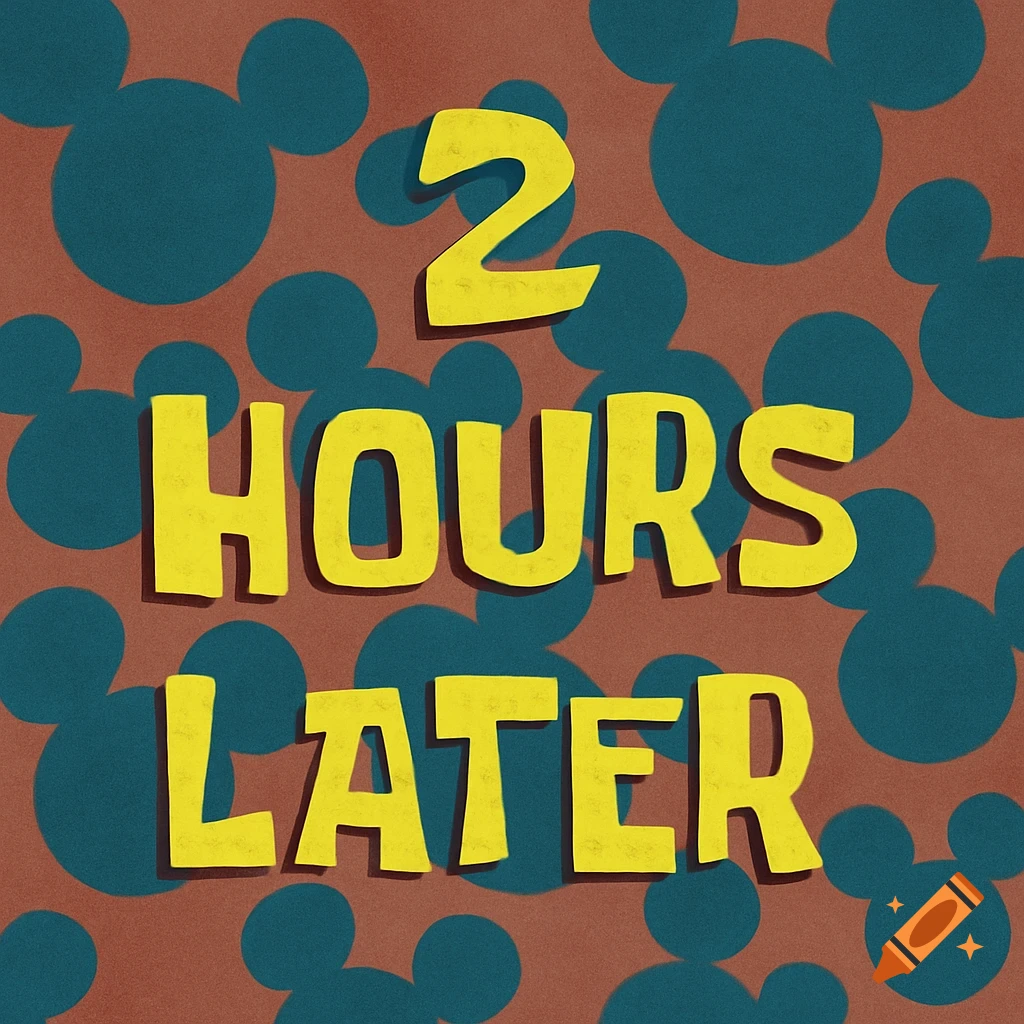 Yellow text '2 HOURS LATER' in SpongeBob style font on a brown background with blue Mickey Mouse ear shapes.