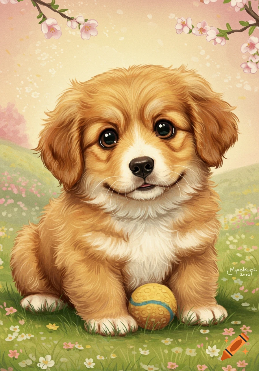 A cute puppy sits in a field of flowers with a ball in an illustration.