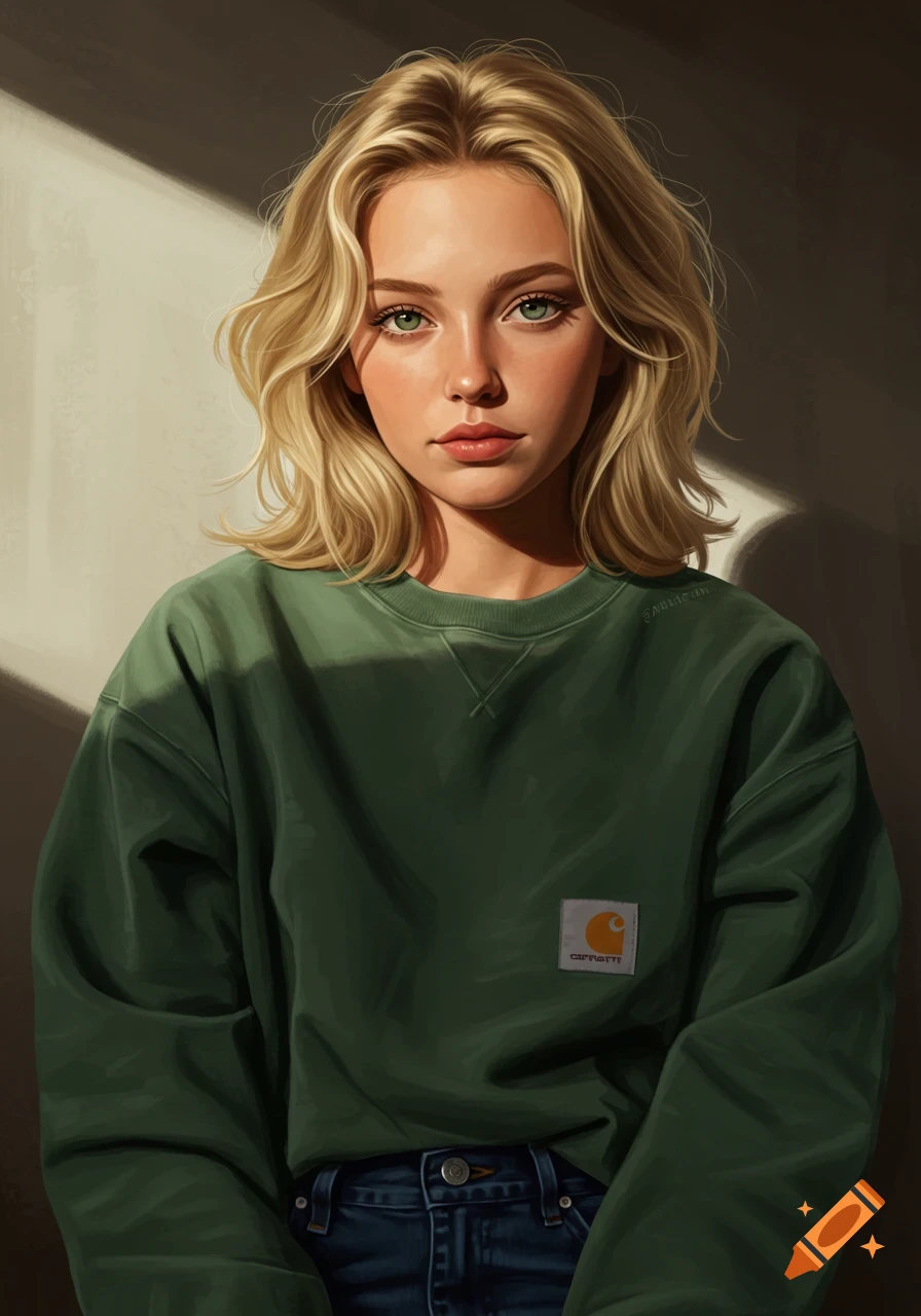 A realistic portrait of a young woman in a green Carhartt sweatshirt and jeans, lit by strong side light.