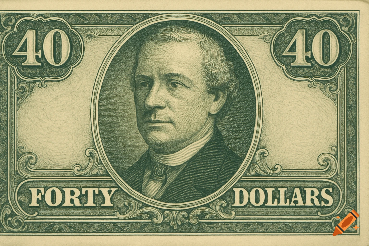 Close-up of a forty-dollar bill featuring a portrait
