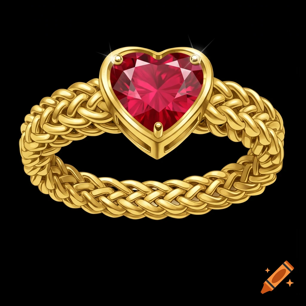A yellow gold braided ring with a heart-shaped ruby gemstone.