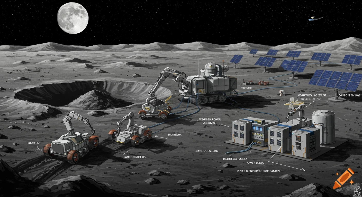 An illustration of a moon base with robotic excavators, transport rovers, solar panels, and processing buildings under a large moon.