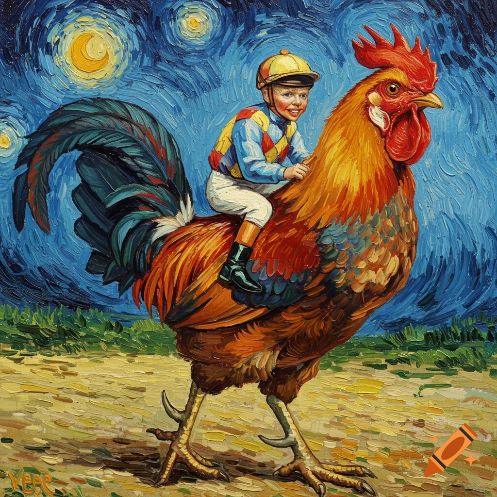 A jockey rides a giant rooster in the style of Van Gogh.