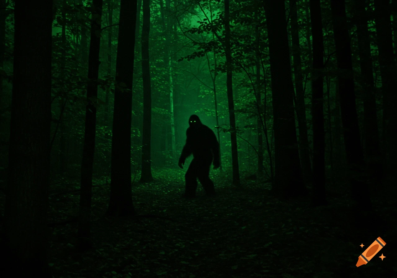 A dark silhouette of Bigfoot stands in a foggy, green-lit forest.