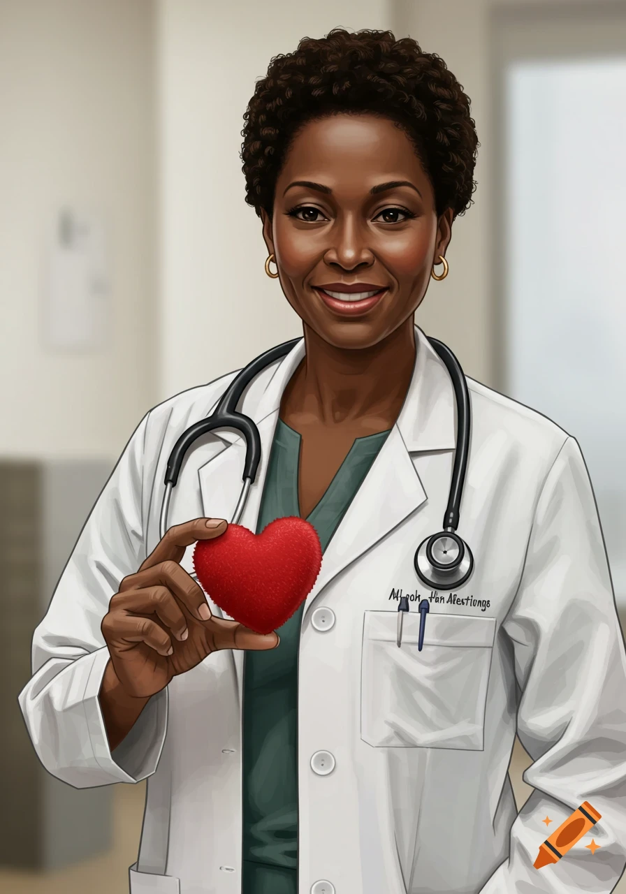 A Black female physician in a white coat and stethoscope holds a red heart.