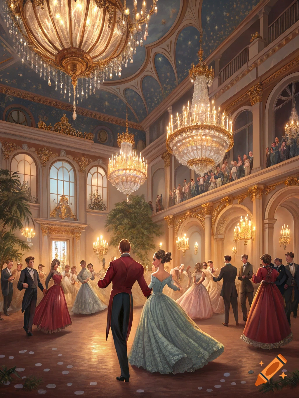 A grand ballroom filled with people dancing under chandeliers.