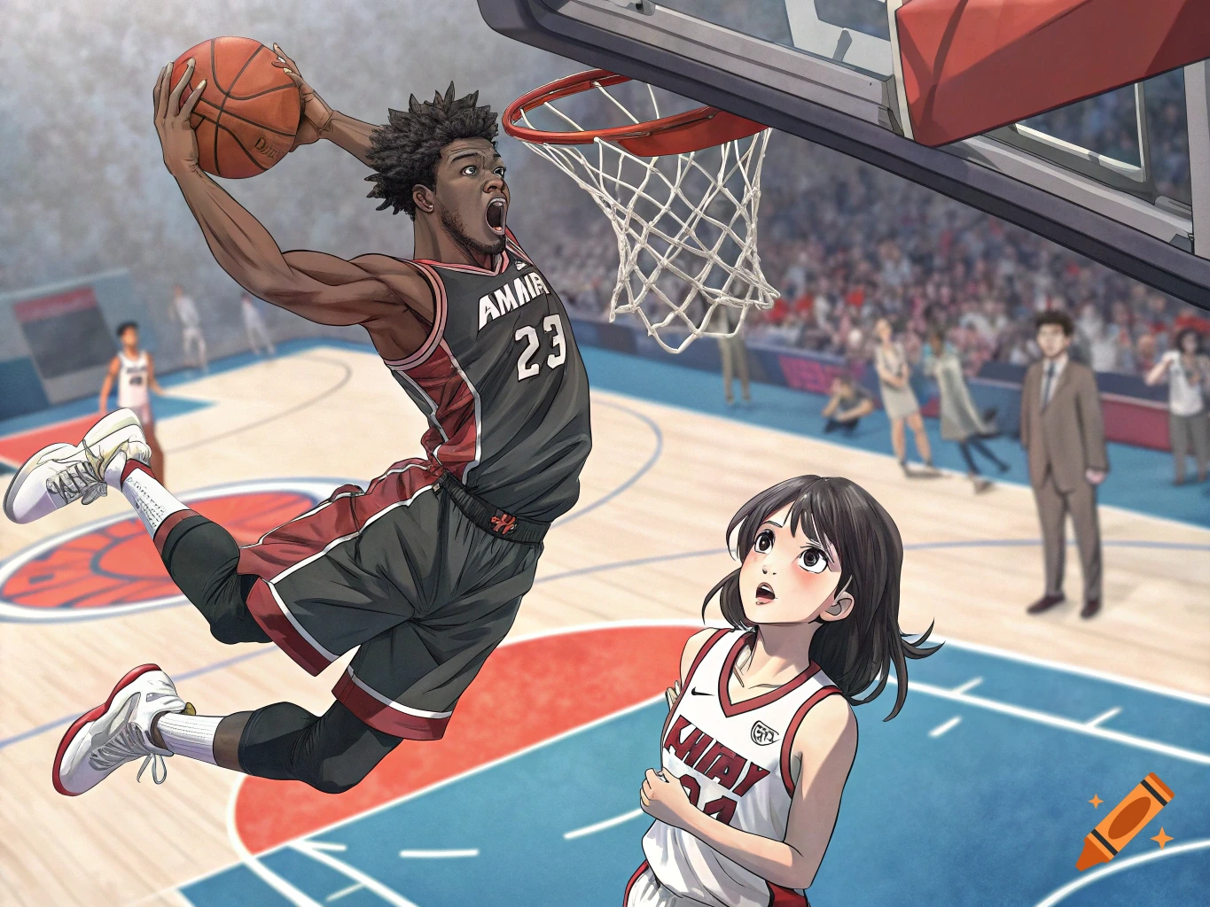 Anime style image of a male basketball player dunking over a female ...