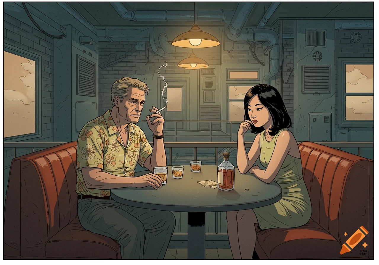 Comic art illustration of a man smoking and a woman sitting in a bar booth with drinks.