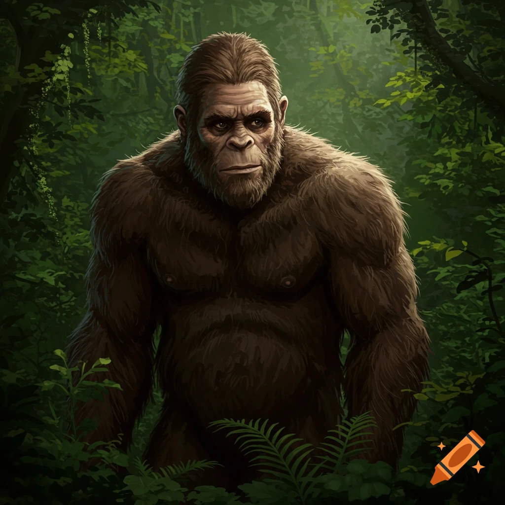 An illustration of Bigfoot standing in a dark forest.