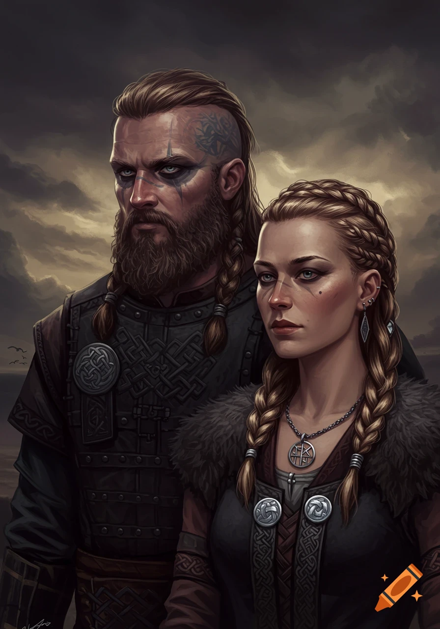 Portrait of a Viking man and woman with braided hair, tattoos, and traditional clothing under a stormy sky.