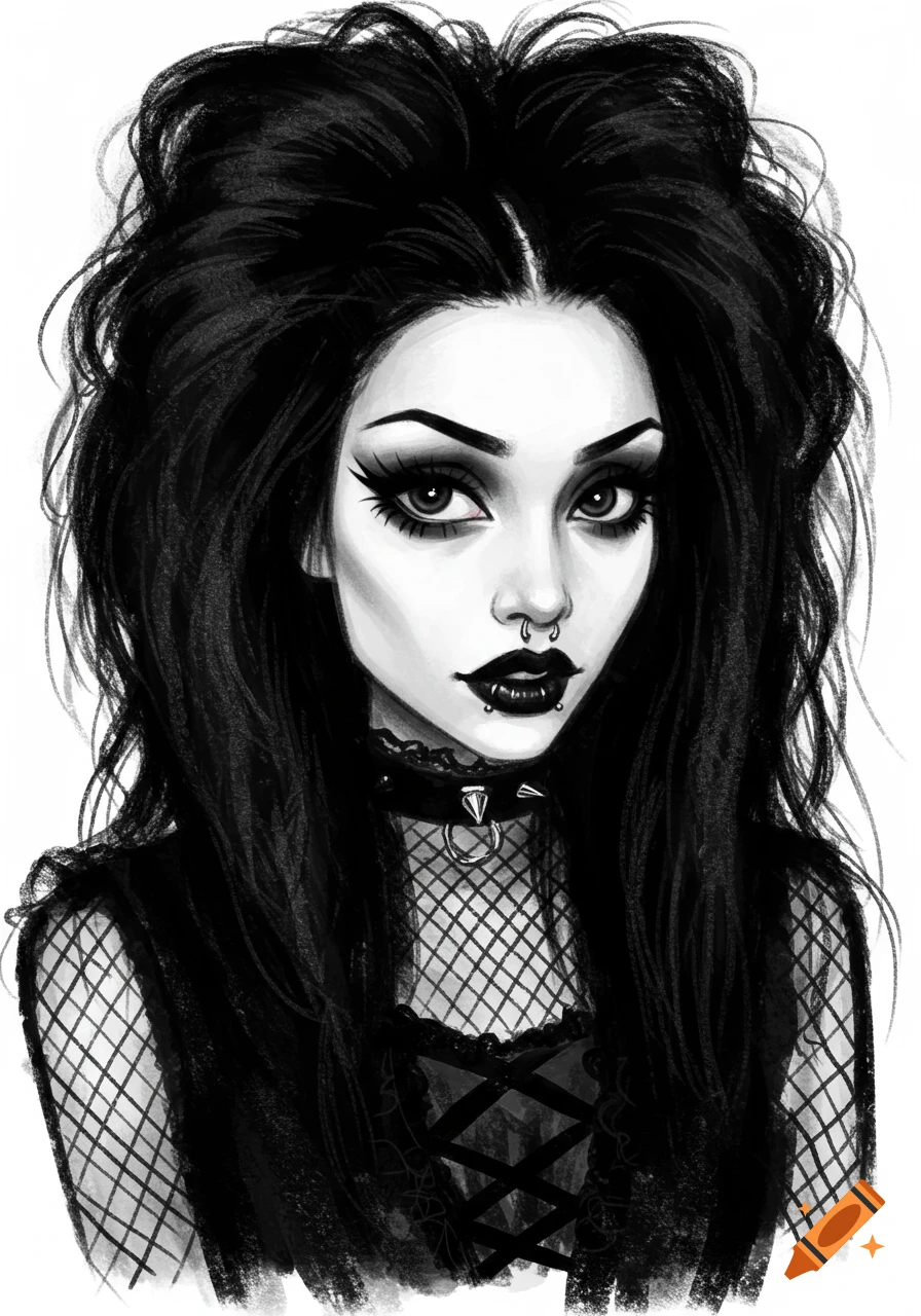 Black and white sketch portrait of a goth girl with heavy makeup, piercings, and a fishnet top.