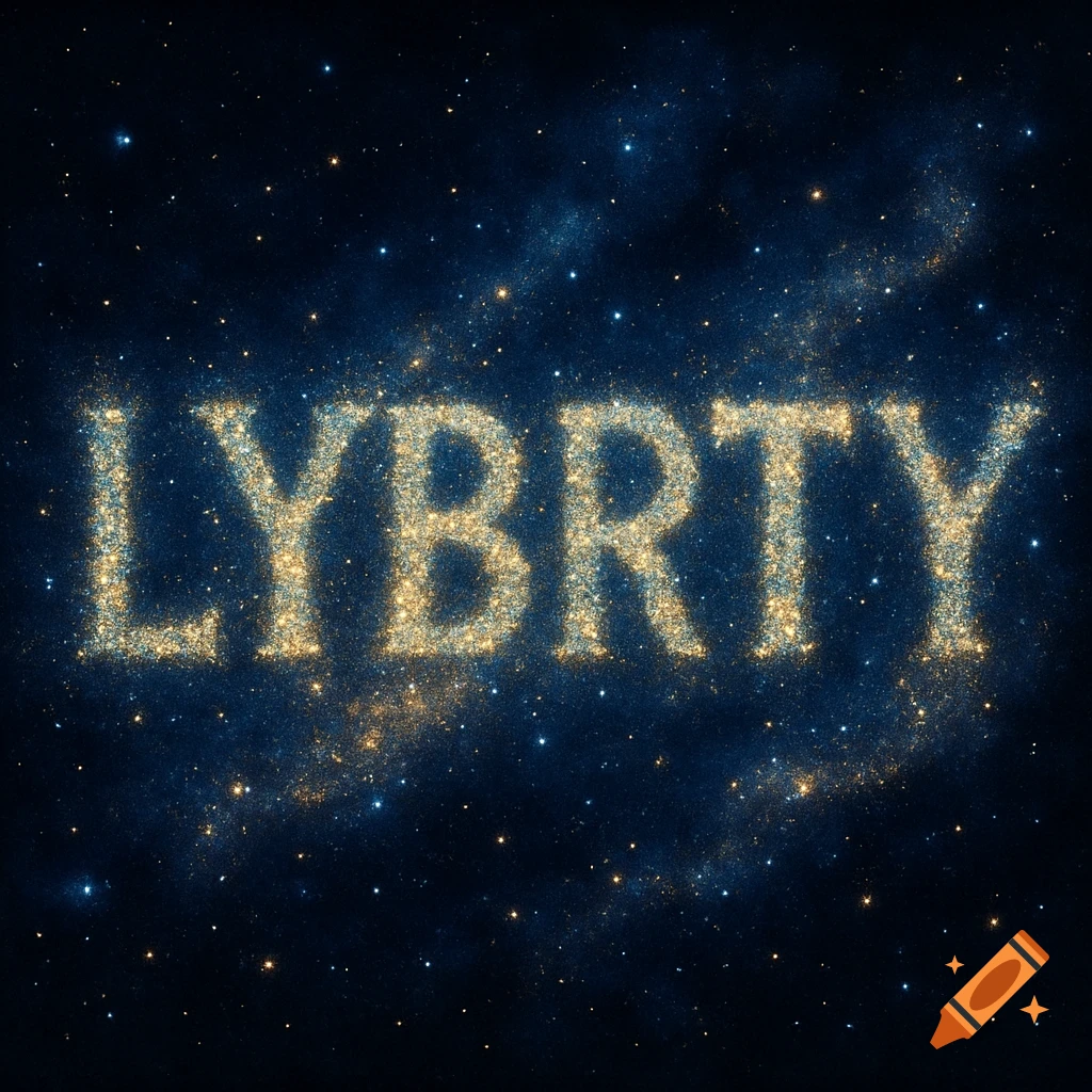 The word LYBRTY formed by bright stars in a dark blue starry sky.