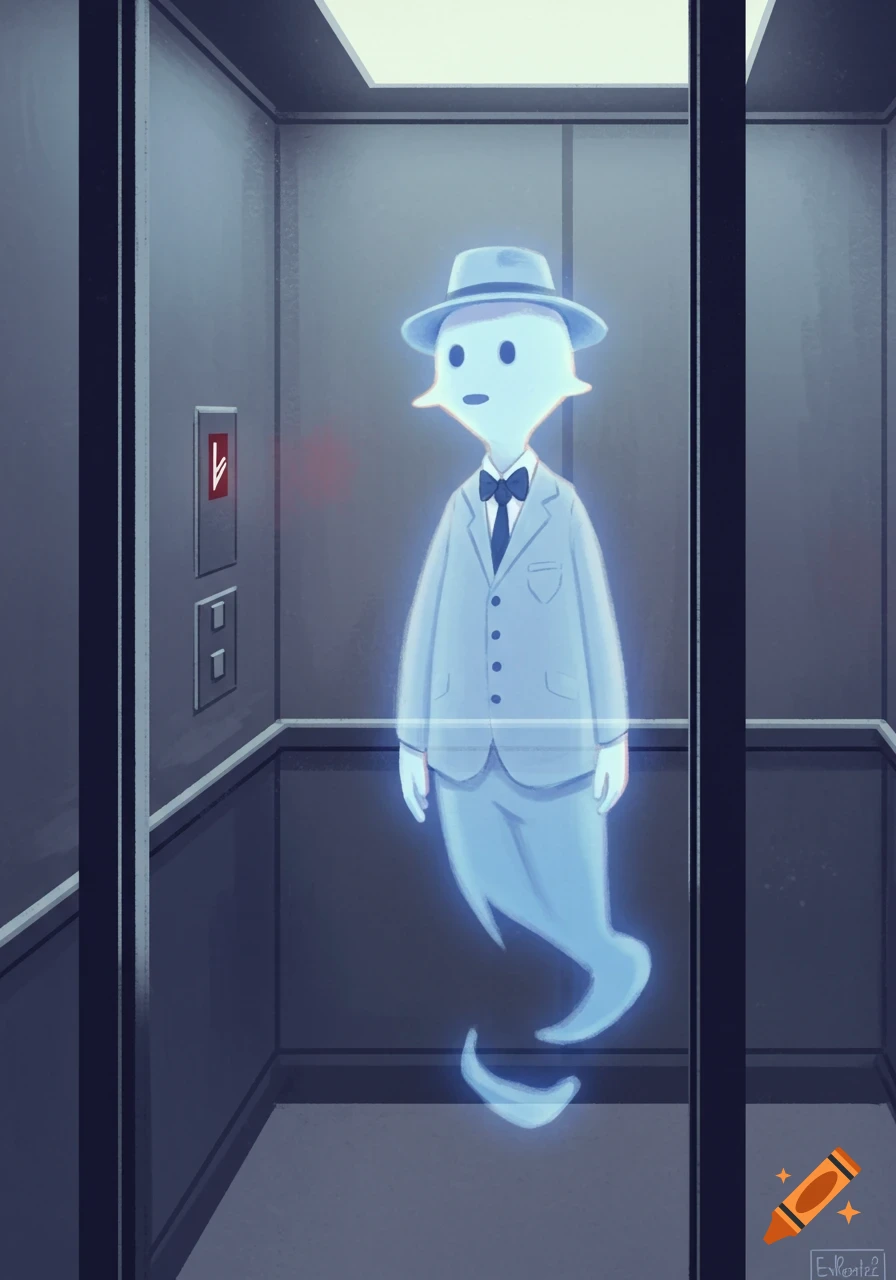 A translucent ghost in a suit and fedora stands in an elevator, illustration.