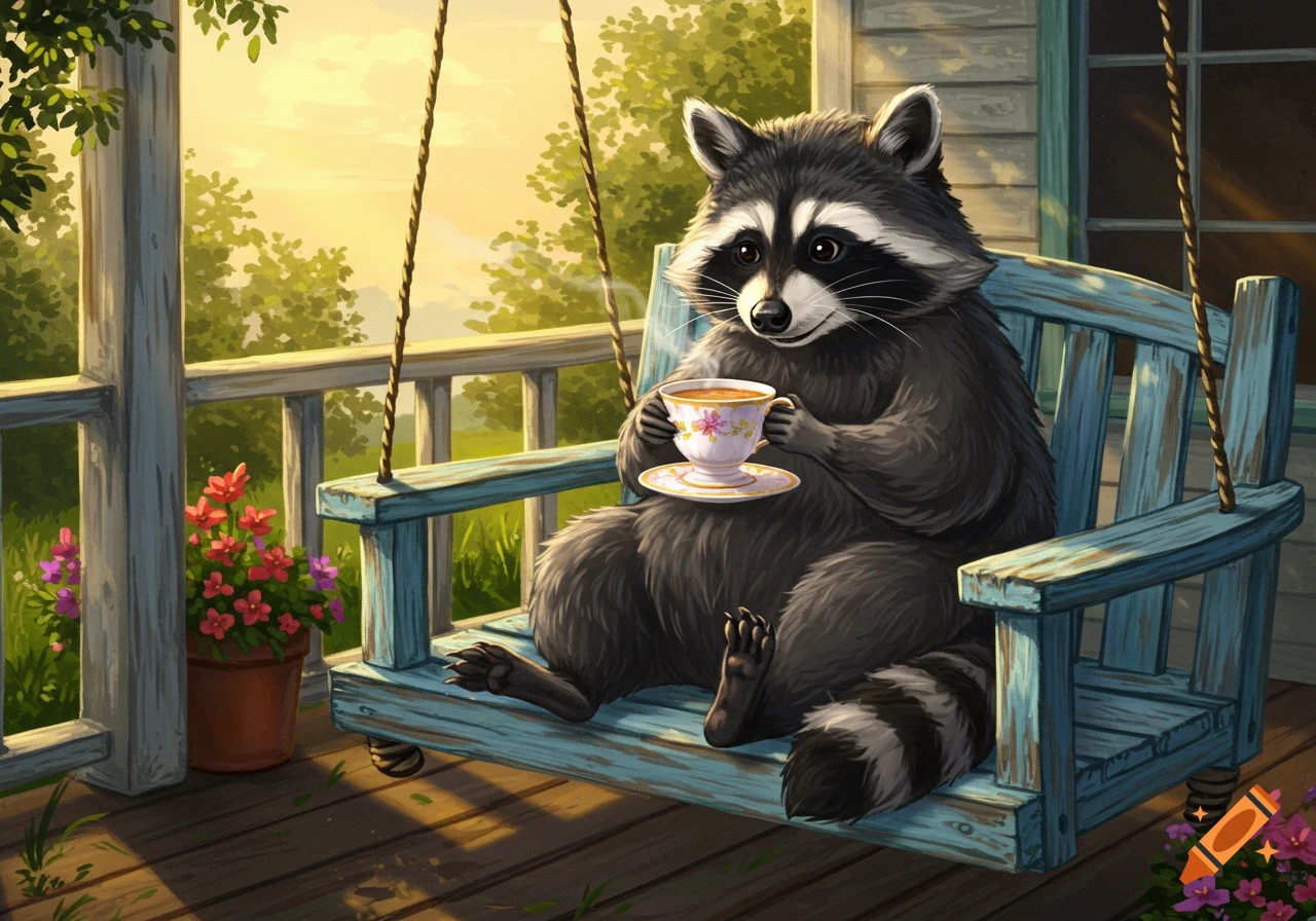 Illustration of a raccoon sitting on a porch swing, holding a teacup.