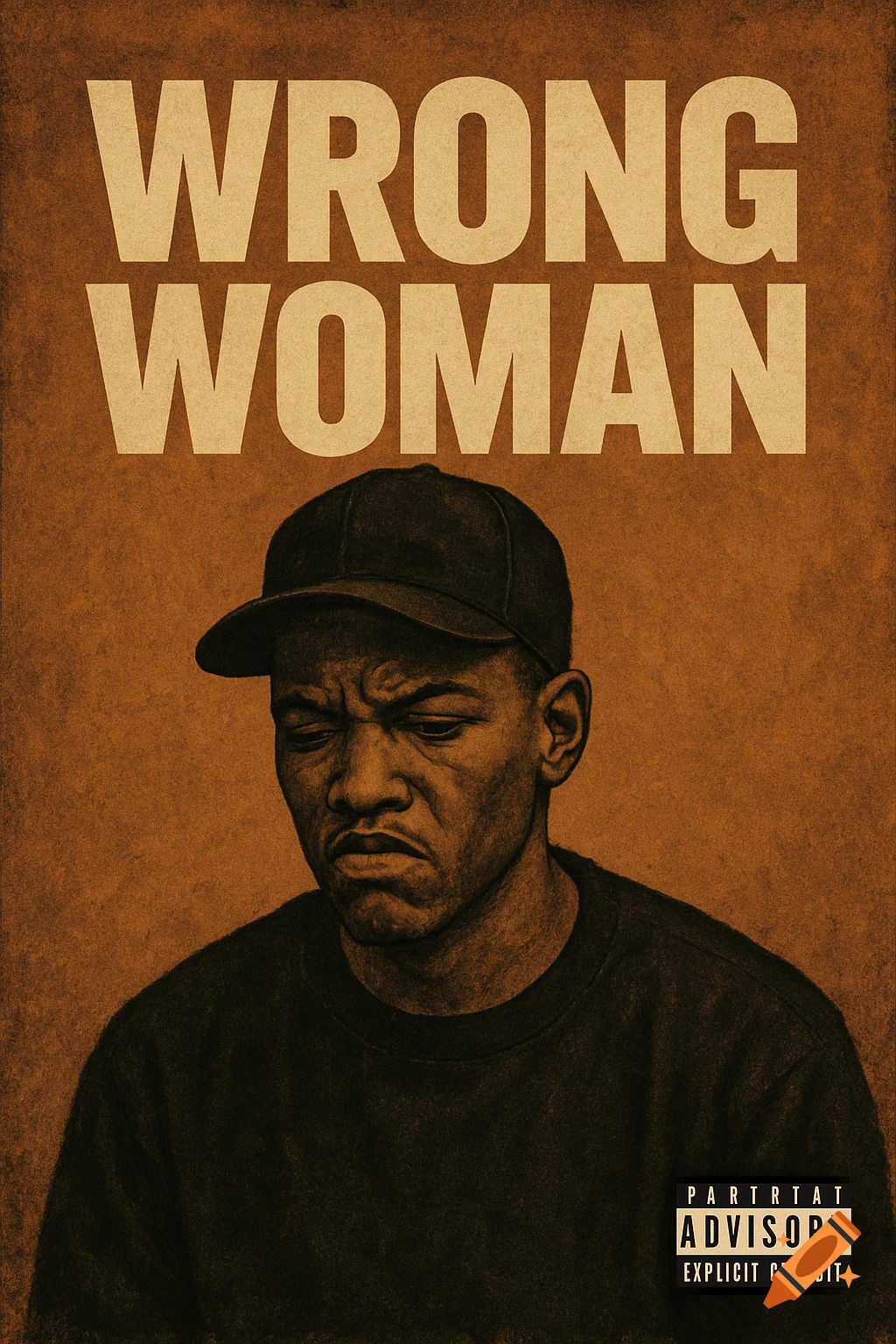 Album cover art for "Wrong Woman" featuring a man in a cap with a pained expression, brown background, and advisory label.