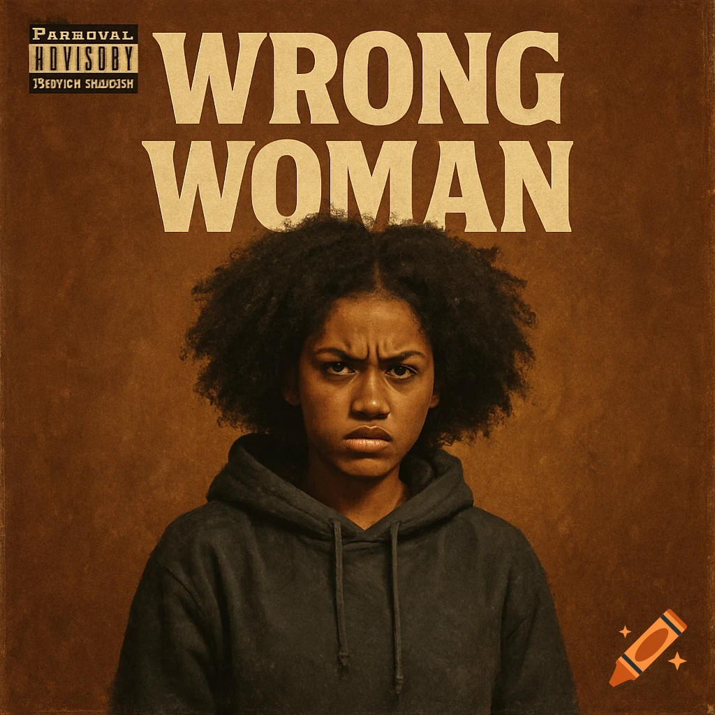 Portrait of a young woman with a serious expression and the text 'WRONG WOMAN' on a brown background