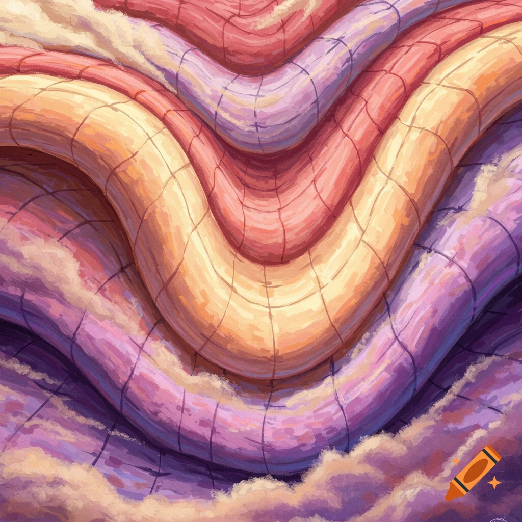 Close-up abstract of wavy, colorful, grid-patterned surfaces resembling a padded quilt, with orange, red, pink, and purple tones and cloudy textures.