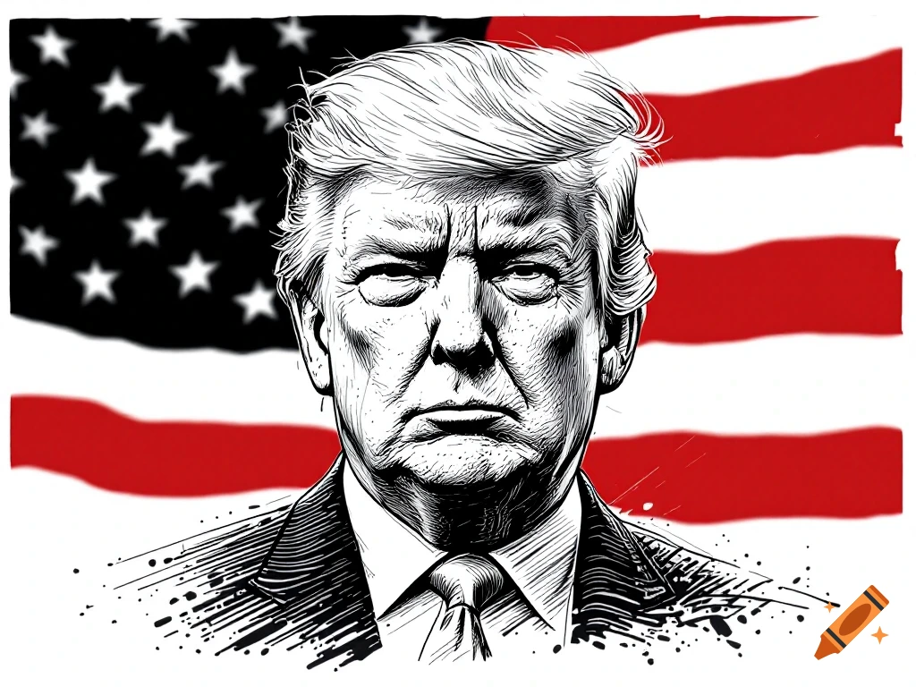 Black and white illustration of Donald Trump in front of an American flag.