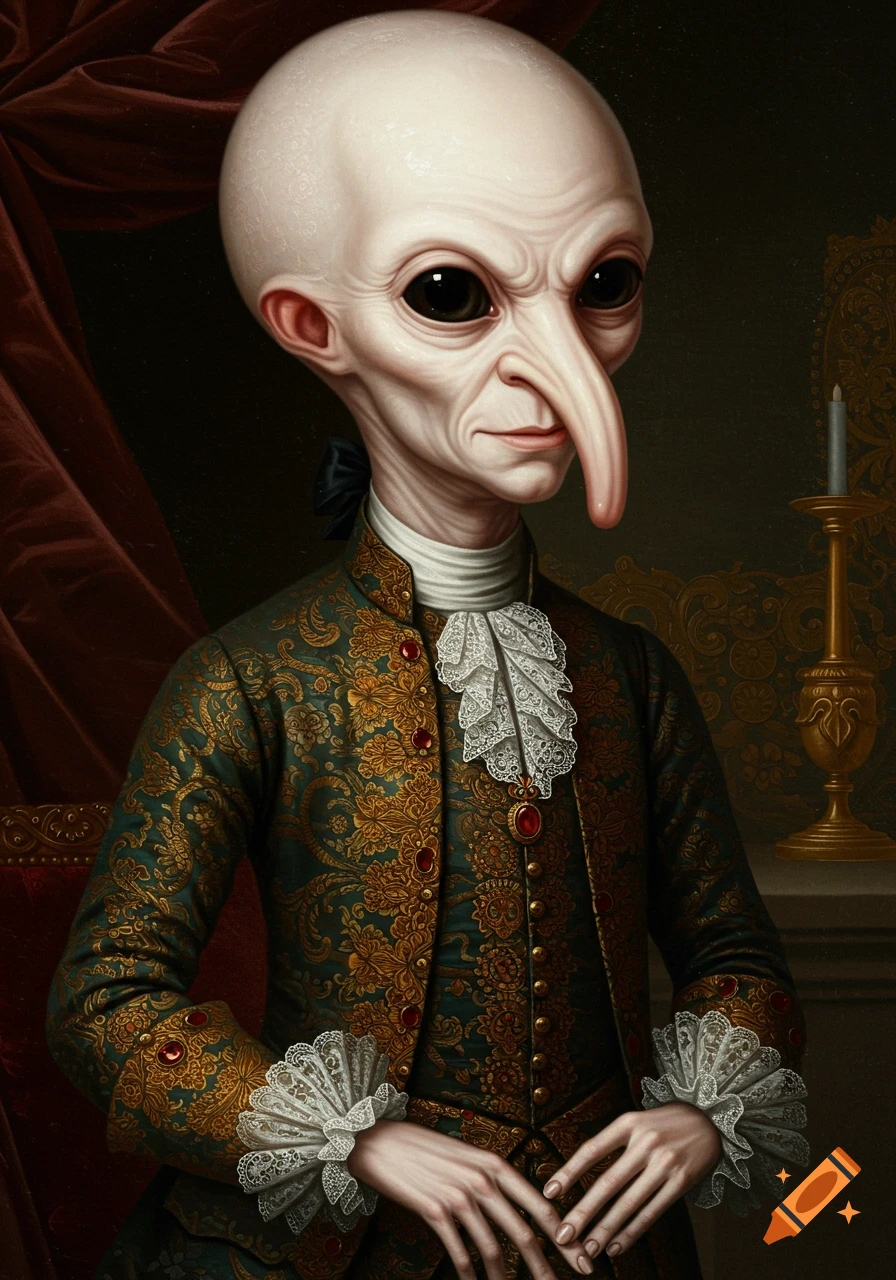 Portrait of a bald alien with large eyes and long nose, wearing an ornate historical jacket and frilled shirt.
