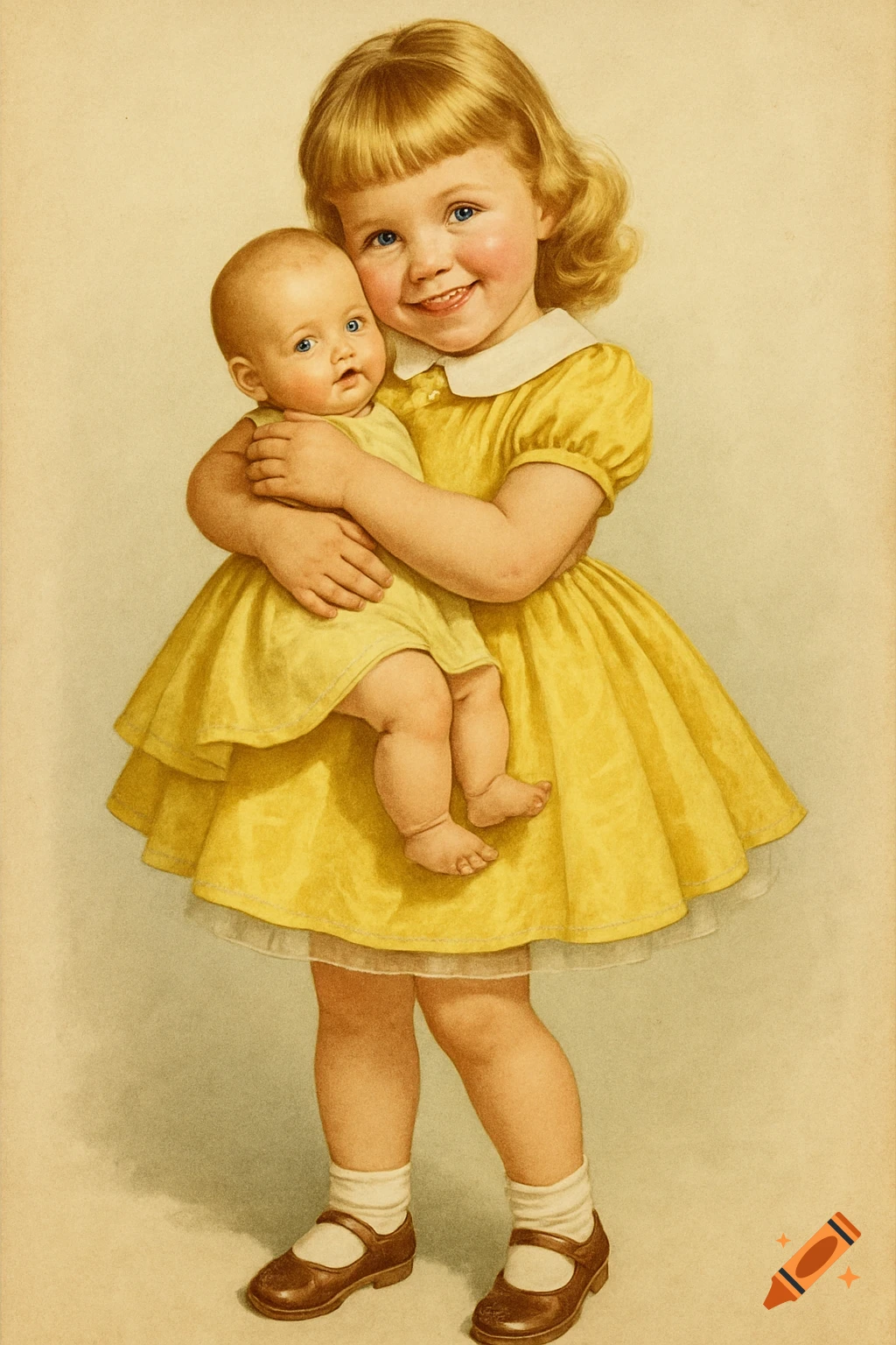 Vintage illustration of a blonde little girl in a yellow dress holding a baby doll.
