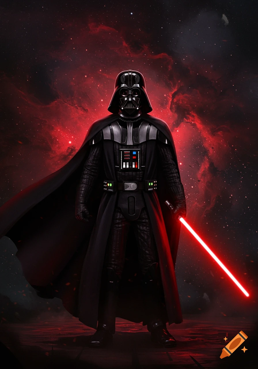 Darth Vader stands holding a red lightsaber against a dramatic red nebula background.