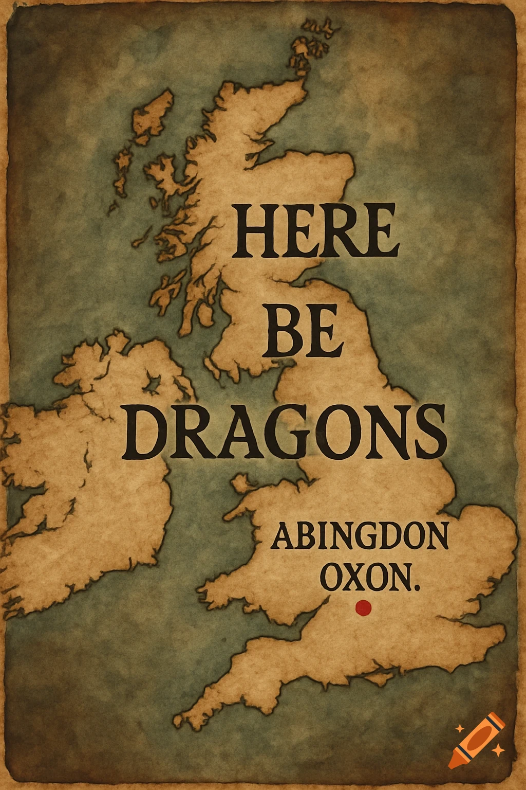 An old, stylized map of the UK and Ireland with the text "HERE BE DRAGONS" and "ABINGDON OXON." marked by a red dot.