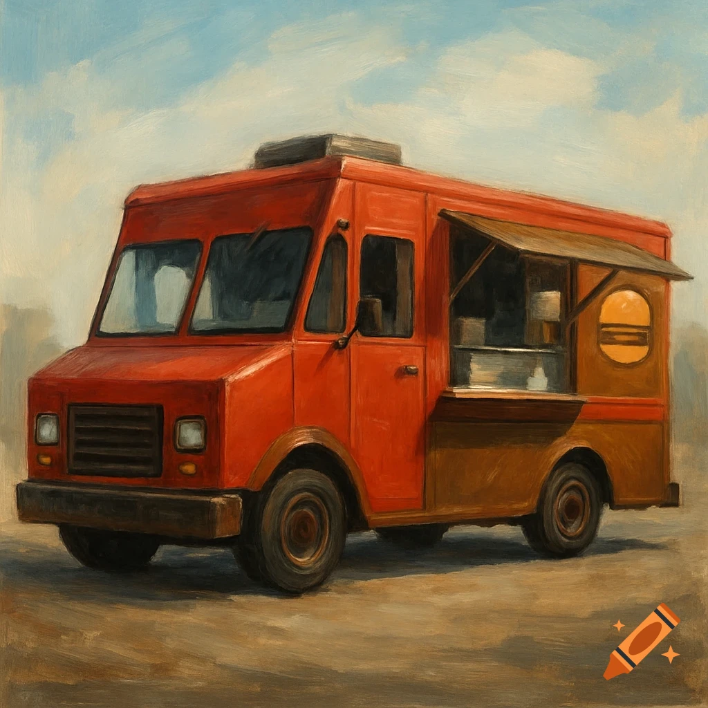 Painterly image of a red and brown food truck with a burger logo.