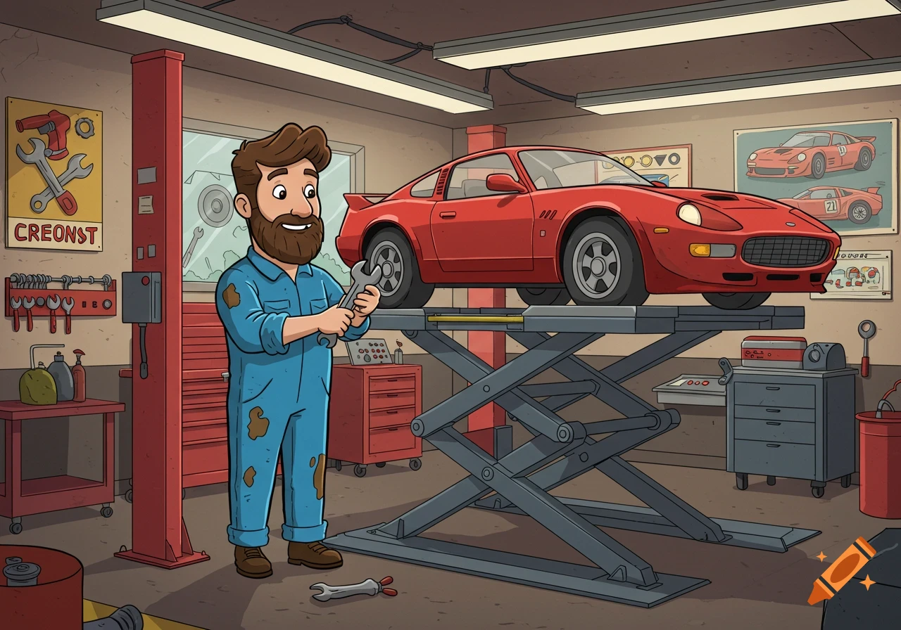 A cartoon mechanic with a beard works on a red car lifted in a garage.