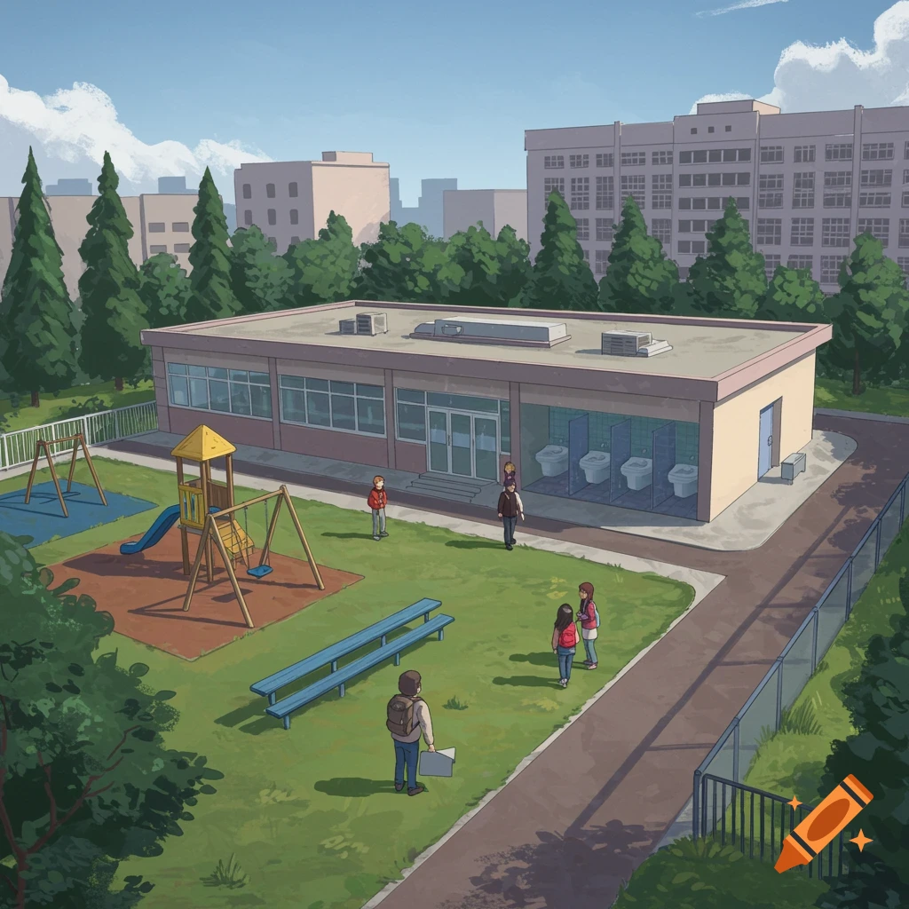 Illustration of a playground next to a building with people standing around.