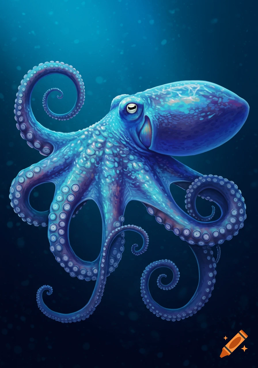 A blue octopus swims in dark blue water