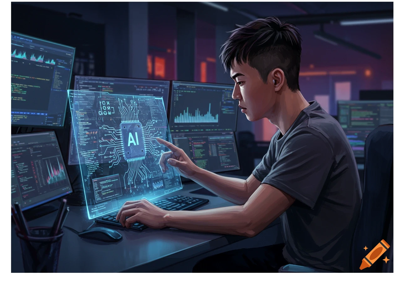 Digital illustration of a software engineer using a holographic AI interface at a computer.