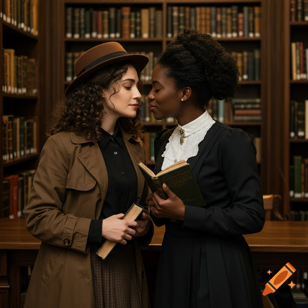 Two women in Edwardian clothing holding books look at each other in a library.