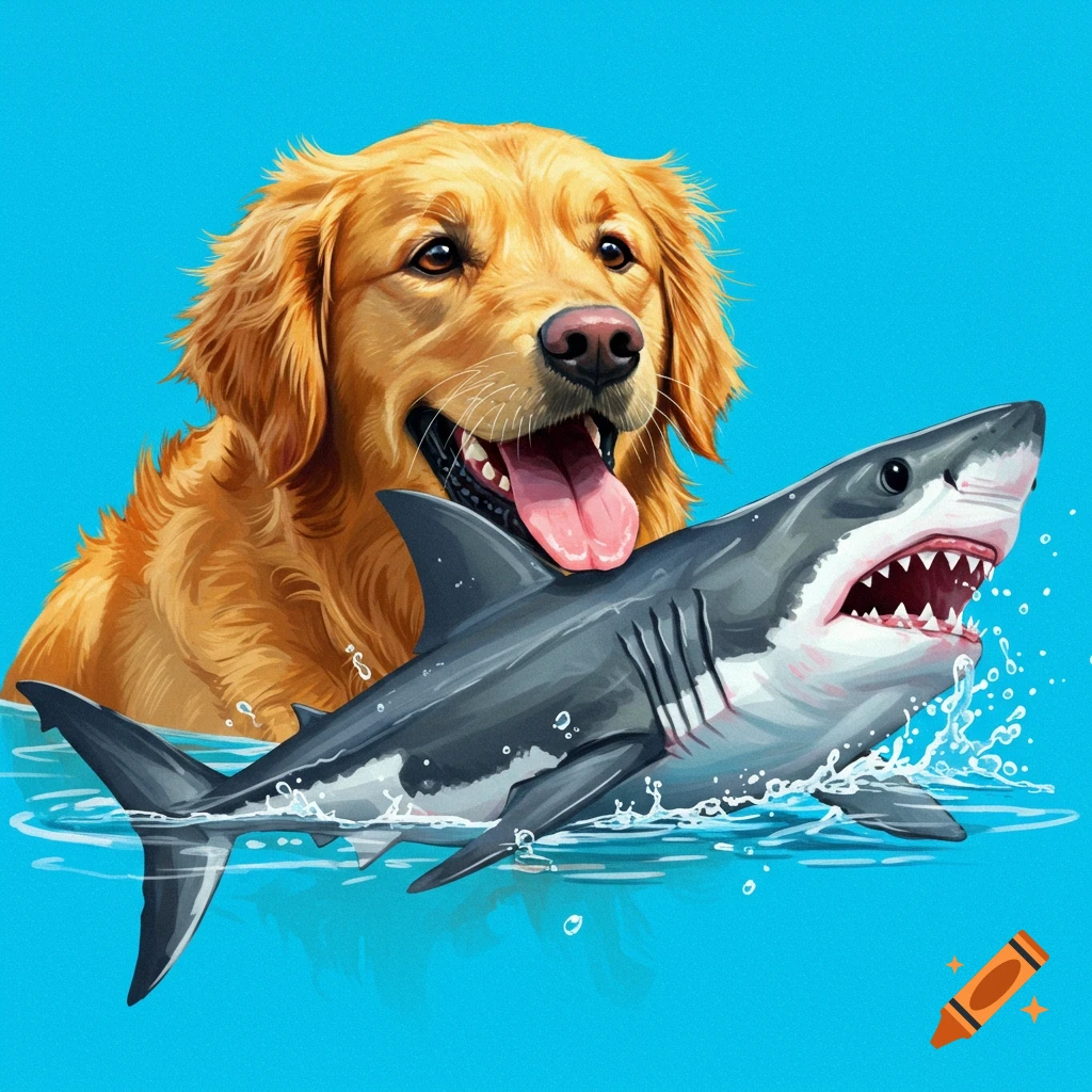 Illustration of a Golden Retriever dog behind a shark in blue water