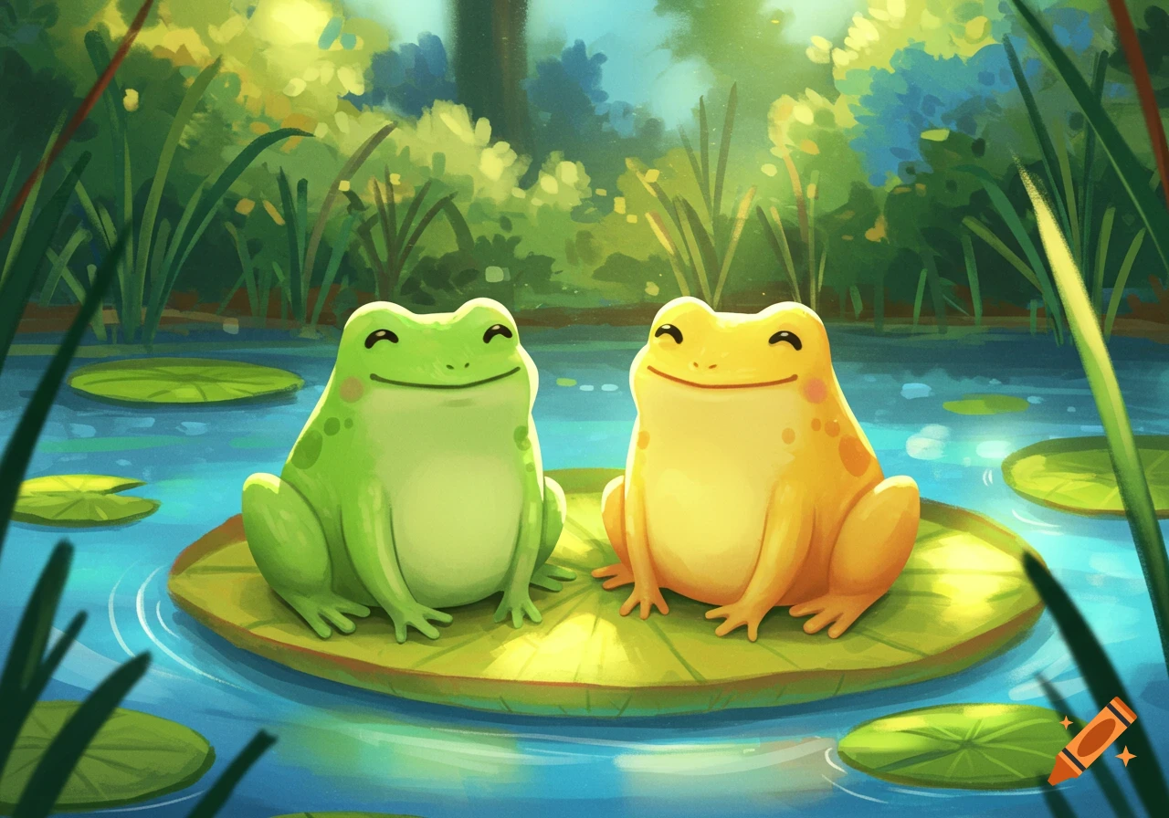 Illustration of two happy frogs sitting on a lily pad in a pond.